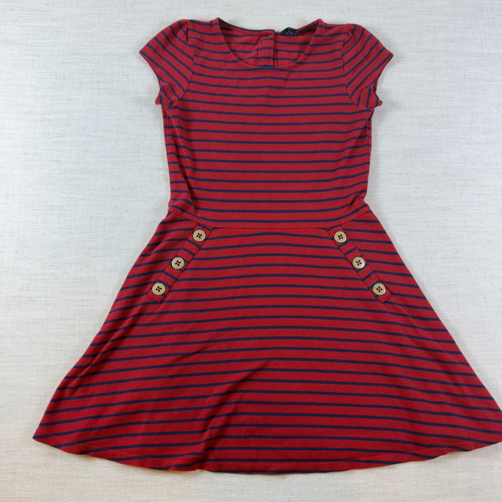 Tommy Hilfiger Girls XL 16 Red Navy Striped Button Detail Fit Flare Knit Dress